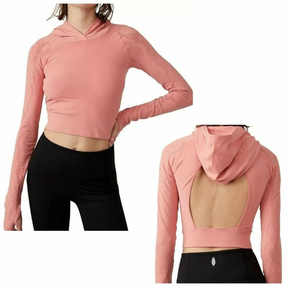 Free People Movement Lucky Layer Crop Cutout Hoodie Top Crush Blush Size M/L
